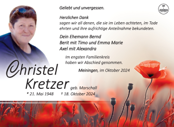 Traueranzeige von Christel Kretzer von Südthüringer Presse