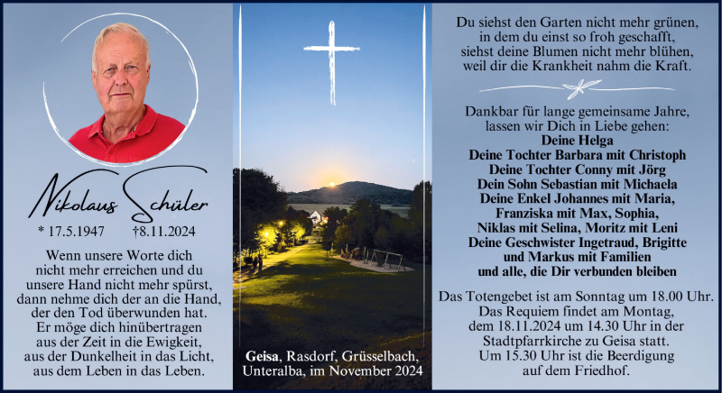  Traueranzeige für Nikolaus Schüler vom 15.11.2024 aus Südthüringer Presse