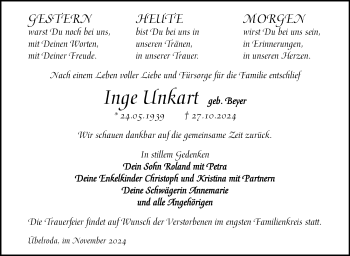 Traueranzeige von Inge Unkrat von Südthüringer Presse