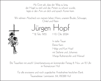 Traueranzeige von Jürgen Hopf von Frankenpost