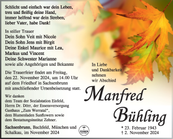 Traueranzeige von Manfred Bühling von Südthüringer Presse