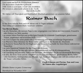 Traueranzeige von Rainer Bach von Südthüringer Presse