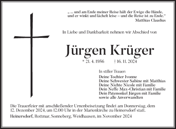 Traueranzeige von Jürgen Krüger von Südthüringer Presse