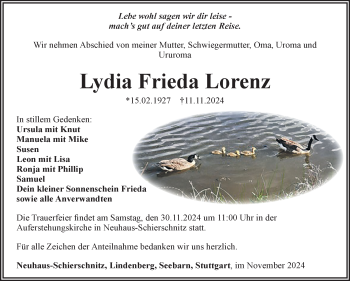 Traueranzeige von Lydia Lorenz von Südthüringer Presse