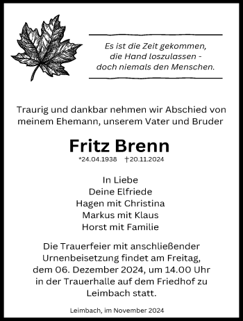 Traueranzeige von Fritz Brenn von Südthüringer Presse