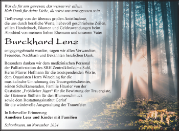 Traueranzeige von Burckhard Lenz von Südthüringer Presse