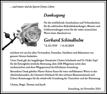 Traueranzeige von Gerhard Schindhelm von Südthüringer Presse