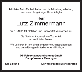Traueranzeige von Lutz Zimmermann von Südthüringer Presse