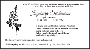 Traueranzeige von Ingeburg Seidemann von Südthüringer Presse