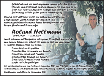 Traueranzeige von Roland Hellmann von Südthüringer Presse