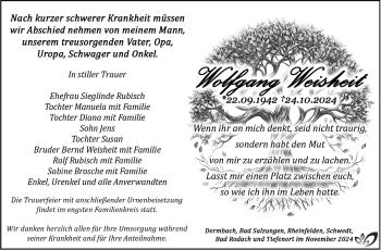 Traueranzeige von Wolfgang Weisheit von Südthüringer Presse