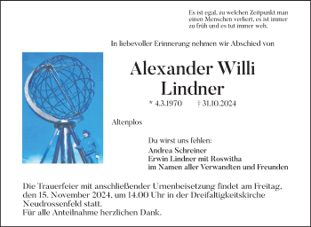 Traueranzeige von Alexander Willi Lindner von Südthüringer Presse