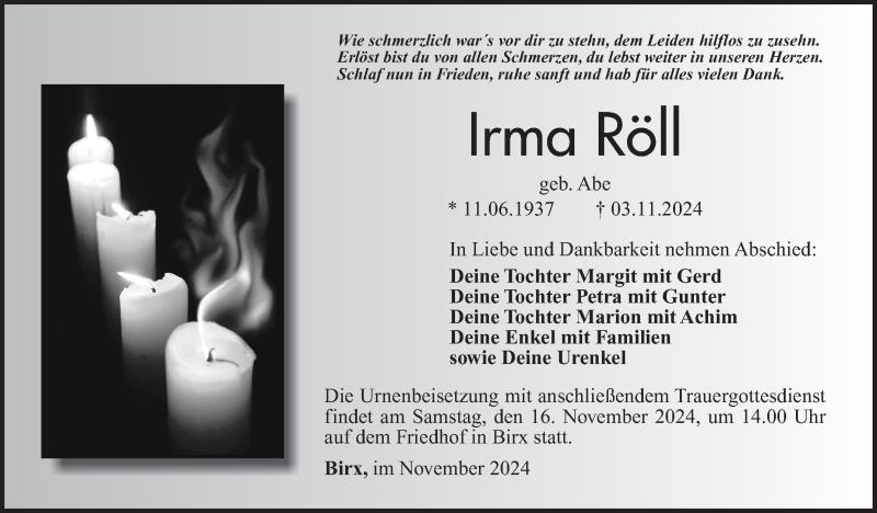  Traueranzeige für Irma Röll vom 13.11.2024 aus Südthüringer Presse
