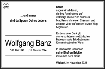 Traueranzeige von Wolfgang Banz von Südthüringer Presse