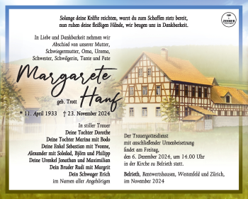 Traueranzeige von Margarete Hanf von Südthüringer Presse