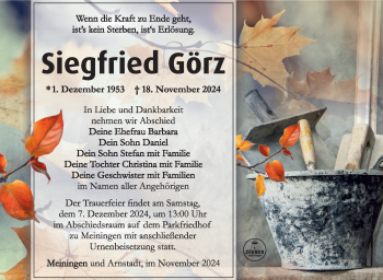 Traueranzeige von Siegfried Görz von Südthüringer Presse