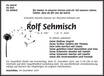 Traueranzeige von Rolf Sehmisch von Südthüringer Presse