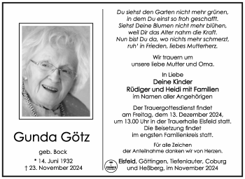 Traueranzeige von Gunda Götz von Südthüringer Presse