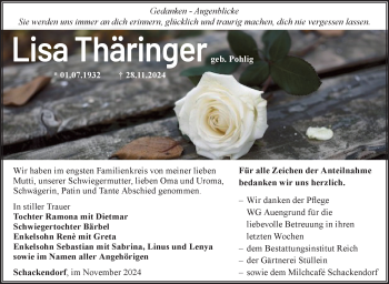 Traueranzeige von Lisa Thäringer von Südthüringer Presse