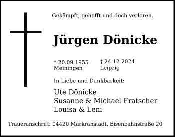 Traueranzeige von Jürgen Dönicke von Südthüringer Presse