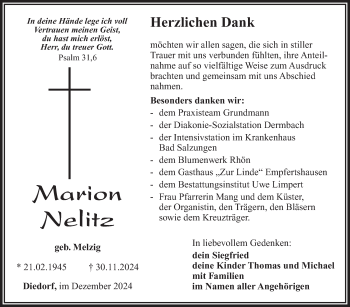 Traueranzeige von Marion Nelitz von Südthüringer Presse