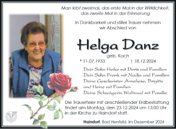 Traueranzeige von Helga Danz von Südthüringer Presse