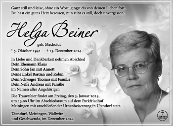 Traueranzeige von Helga Beiner von Südthüringer Presse