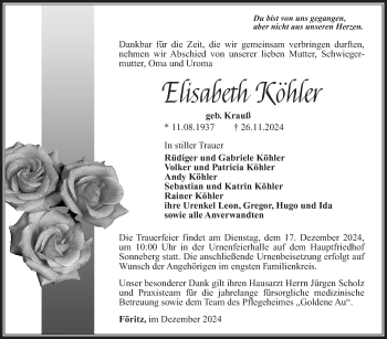 Traueranzeige von Elisabeth Köhler von Südthüringer Presse