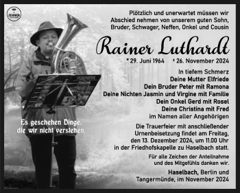 Traueranzeige von Rainer Luthardt von Südthüringer Presse