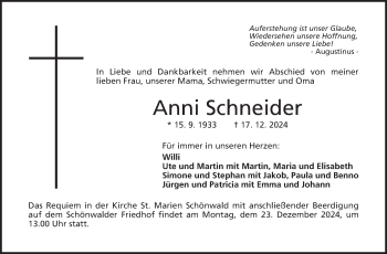 Traueranzeige von Anni Schneider von Frankenpost