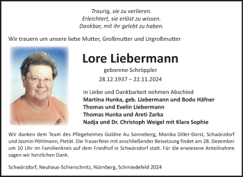 Traueranzeige von Lore Liebermann von Südthüringer Presse