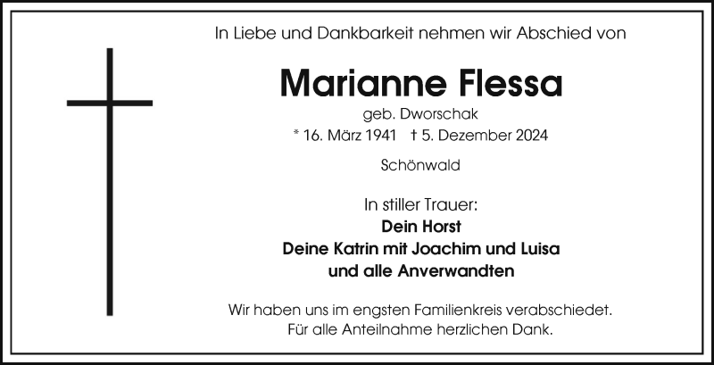 Traueranzeige für Marianne Flessa vom 21.12.2024 aus Frankenpost
