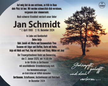 Traueranzeige von Jan Schmidt von Südthüringer Presse