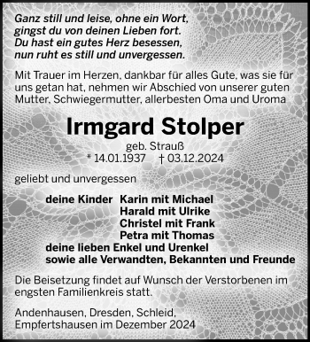 Traueranzeige von Irmgard Stolper von Südthüringer Presse