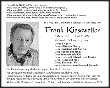 Traueranzeige von Frank Kiesewetter von Südthüringer Presse