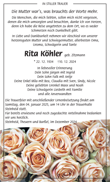 Traueranzeige von Rita Köhler von Südthüringer Presse