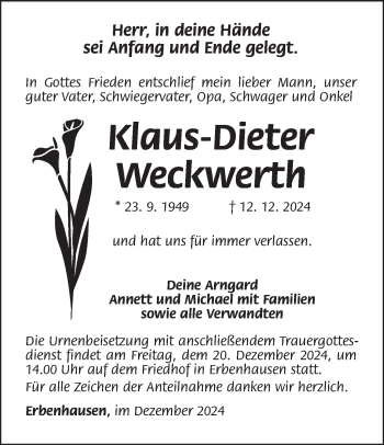 Traueranzeige von Klaus-Dieter Weckwerth von Südthüringer Presse