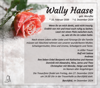 Traueranzeige von Wally Haase von Südthüringer Presse