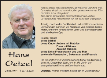 Traueranzeige von Hans Oetzel von Südthüringer Presse