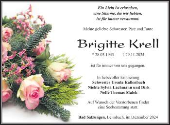 Traueranzeige von Brigitte Krell von Südthüringer Presse