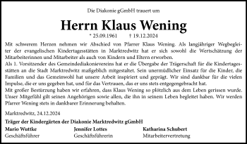 Traueranzeige von Klaus Wening von Frankenpost