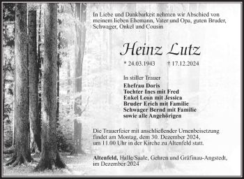 Traueranzeige von Heinz Lutz von Südthüringer Presse