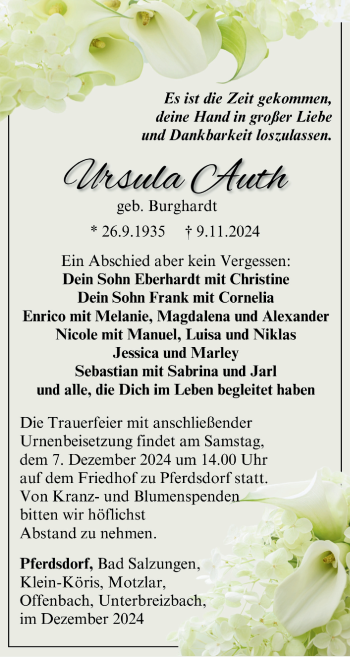 Traueranzeige von Ursula Auth von Südthüringer Presse