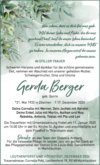 Traueranzeige von Gerda Berger von Frankenpost