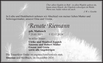 Traueranzeige von Renate Riemann von Südthüringer Presse
