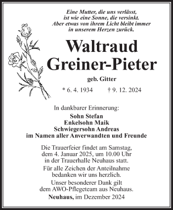 Traueranzeige von Waltraud Greiner-Pieter von Südthüringer Presse
