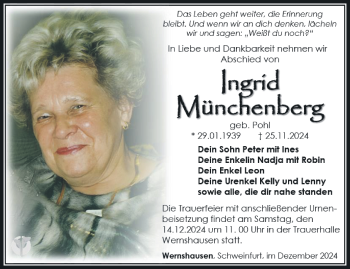 Traueranzeige von Ingrid Münchenberg von Südthüringer Presse