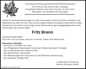 Traueranzeige von Fritz Brenn von Südthüringer Presse