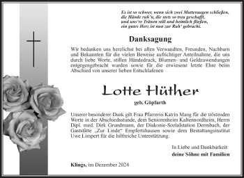 Traueranzeige von Lotte Hüther von Südthüringer Presse