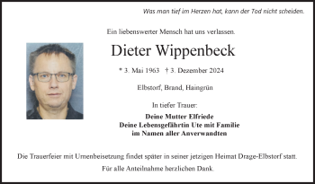 Traueranzeige von Dieter Wippenbeck von Frankenpost